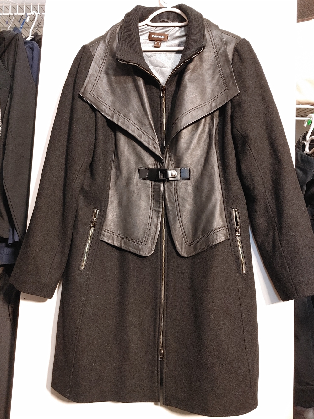 Danier Black Wool Trench Coat with Leather Yoke